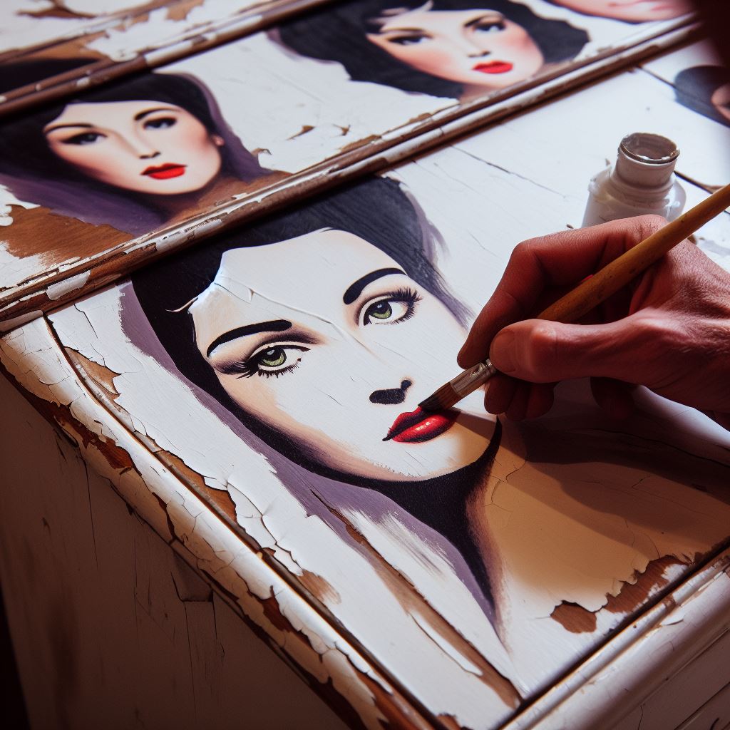 Hand painting a vibrant face design on a piece of furniture, capturing the essence of human creativity in art.